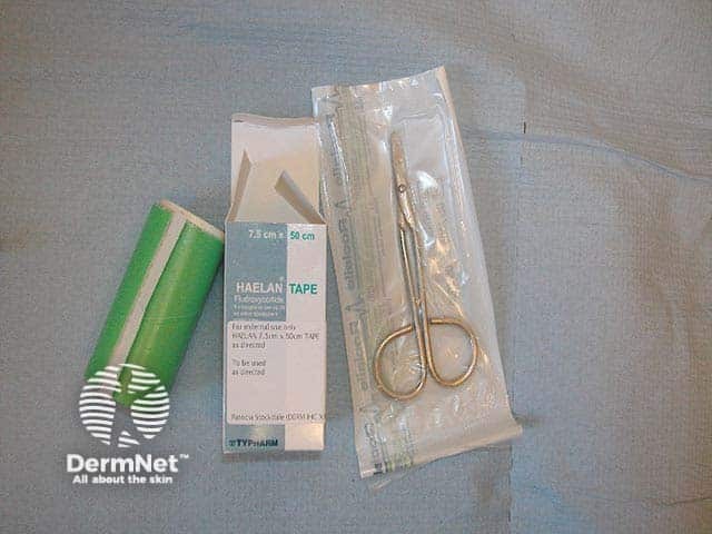 Fludroxycortide tape and clean scissors will be needed
